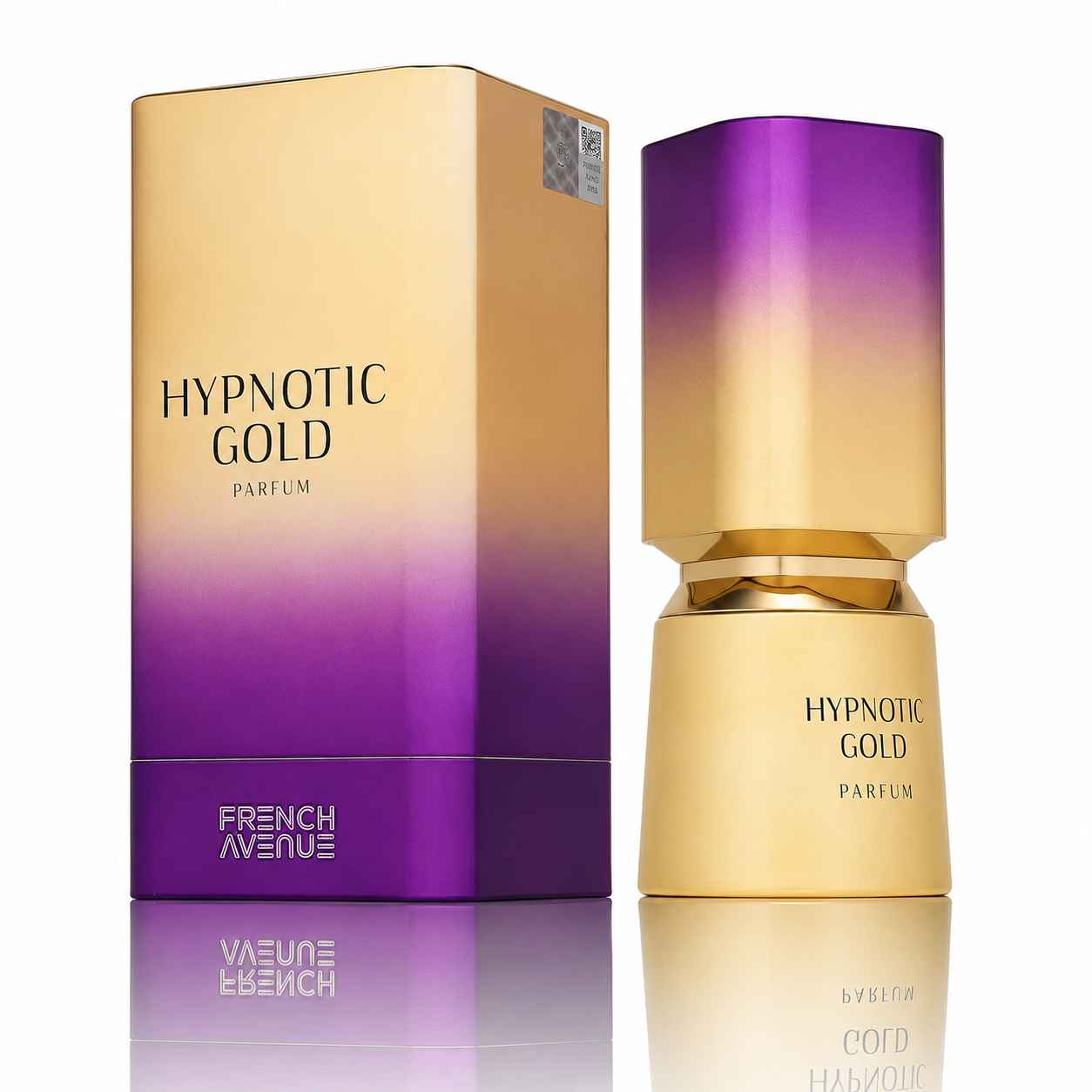 Frasco Hypnotic Gold French Avenue sobre fondo cálido con reflejos suaves