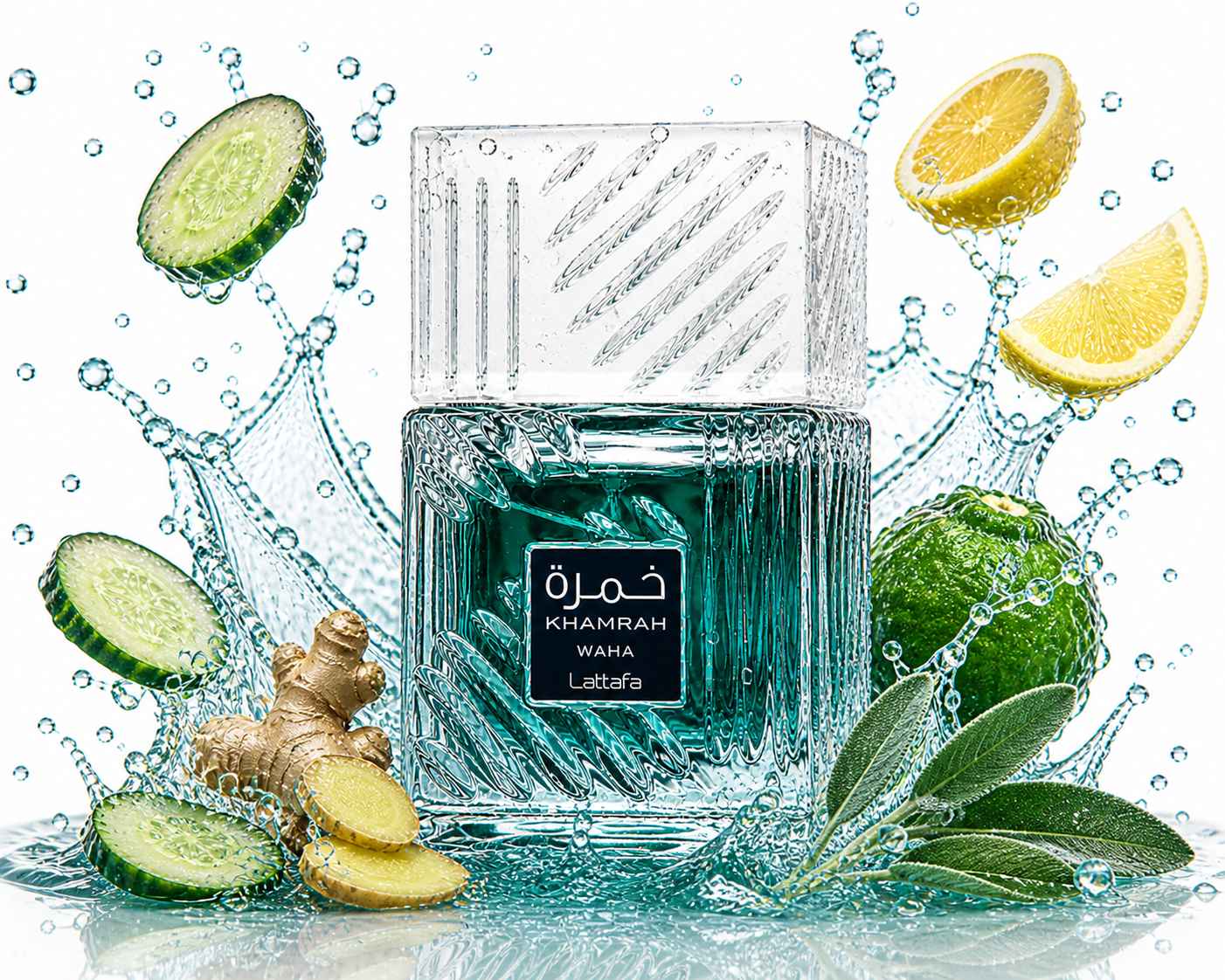Lattafa Khamrah Waha frasco azul elegante con diseño cristal premium
