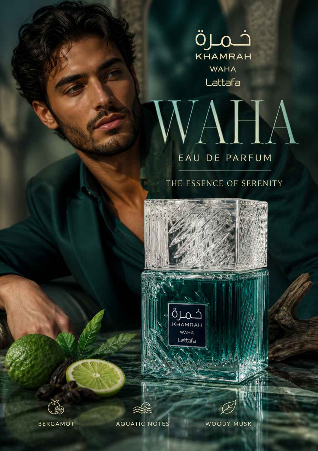 Khamrah Waha Lattafa composición publicitaria con modelo y frasco protagonista estilo marca lujo