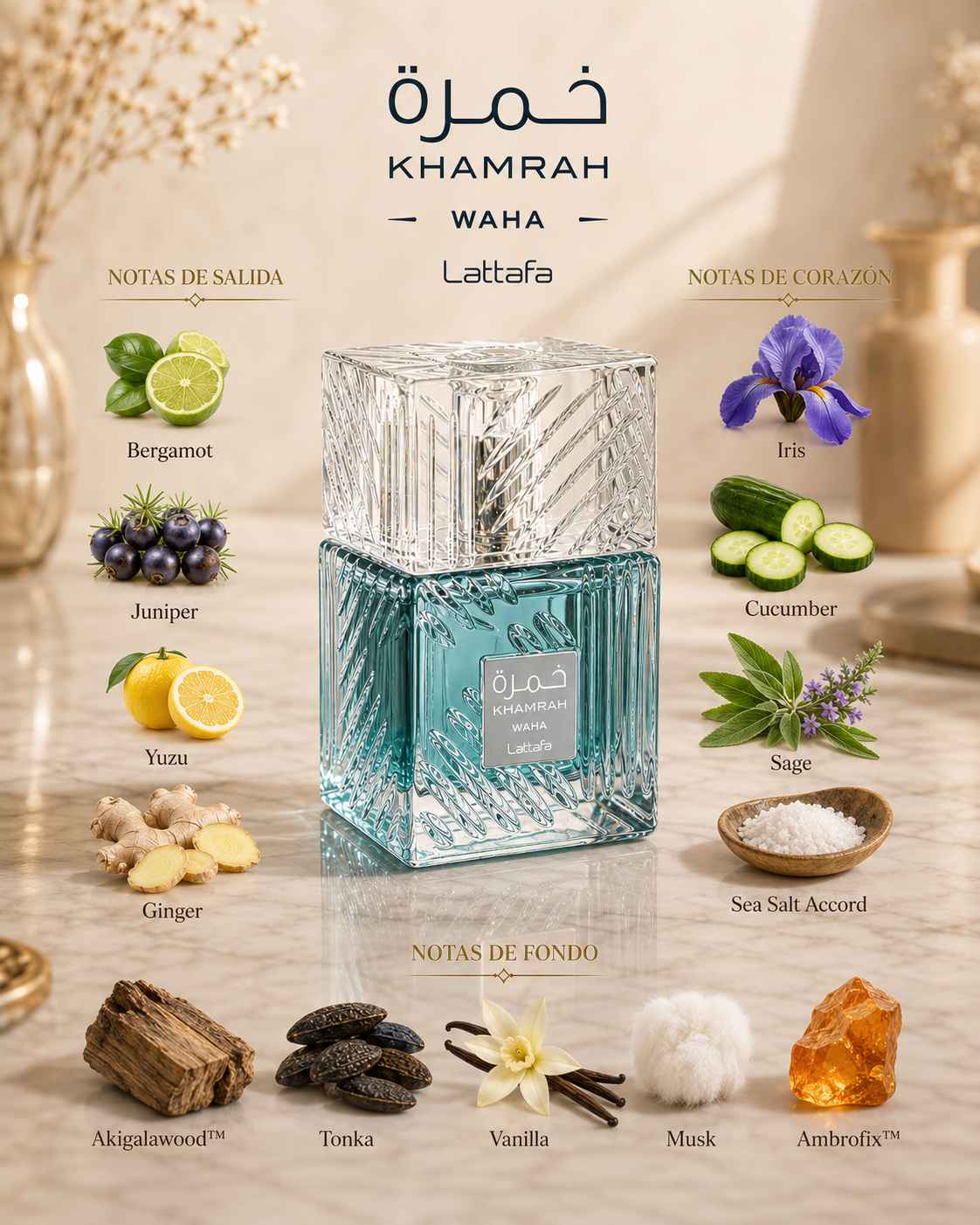 Khamrah Waha Lattafa botella azul en escena mármol premium con luz natural lateral