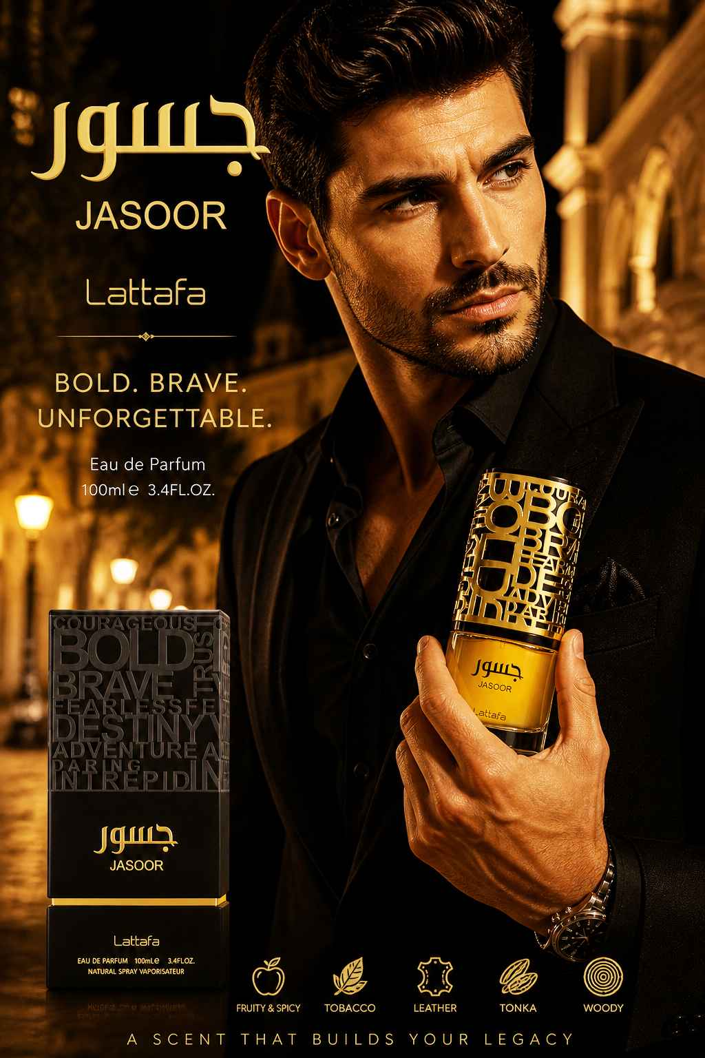 Lattafa Jasoor imagen publicitaria con modelo bien vestido en entorno elegante nocturno