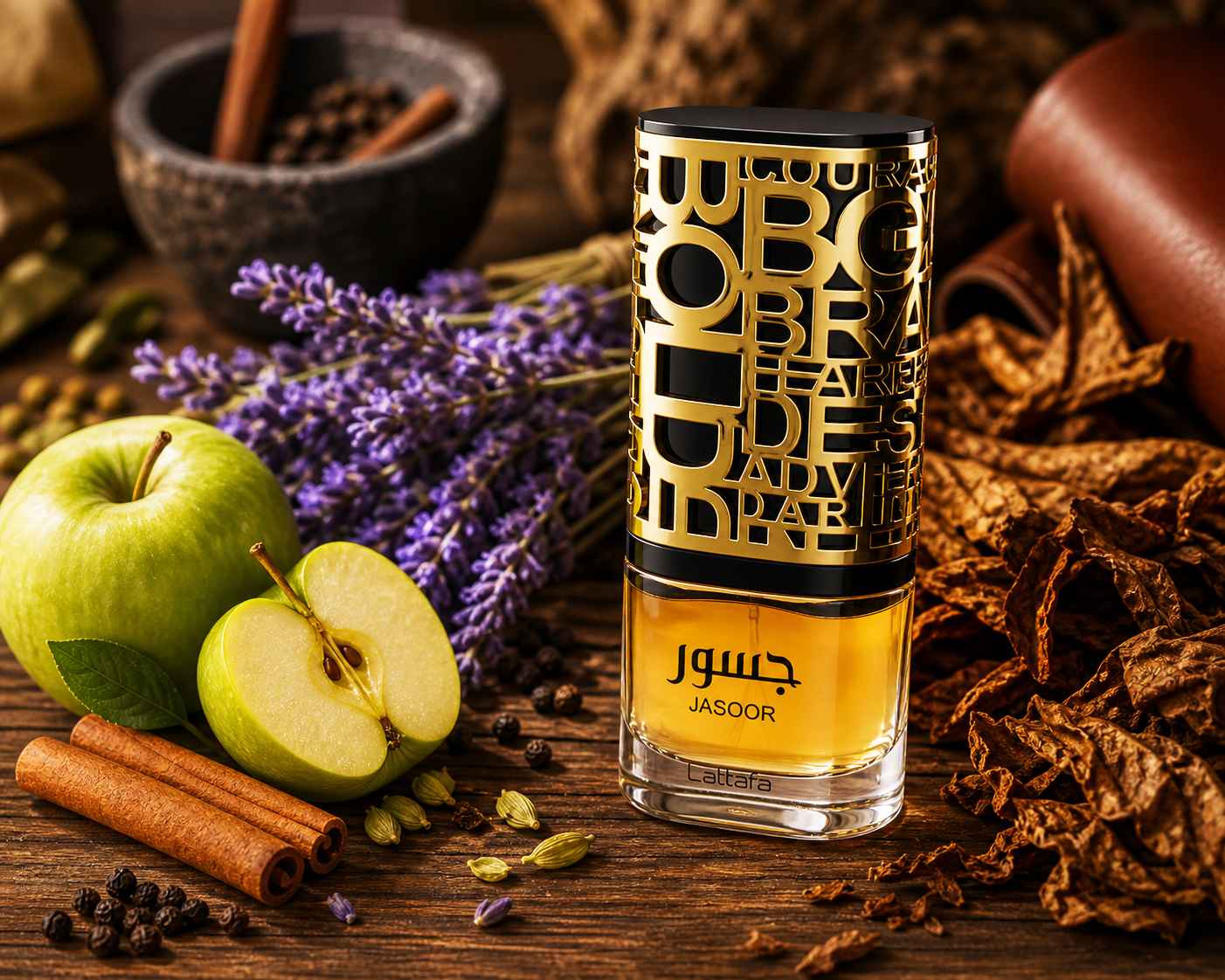 Lattafa Jasoor escena con manzana roja especias y hojas en ambiente cálido natural