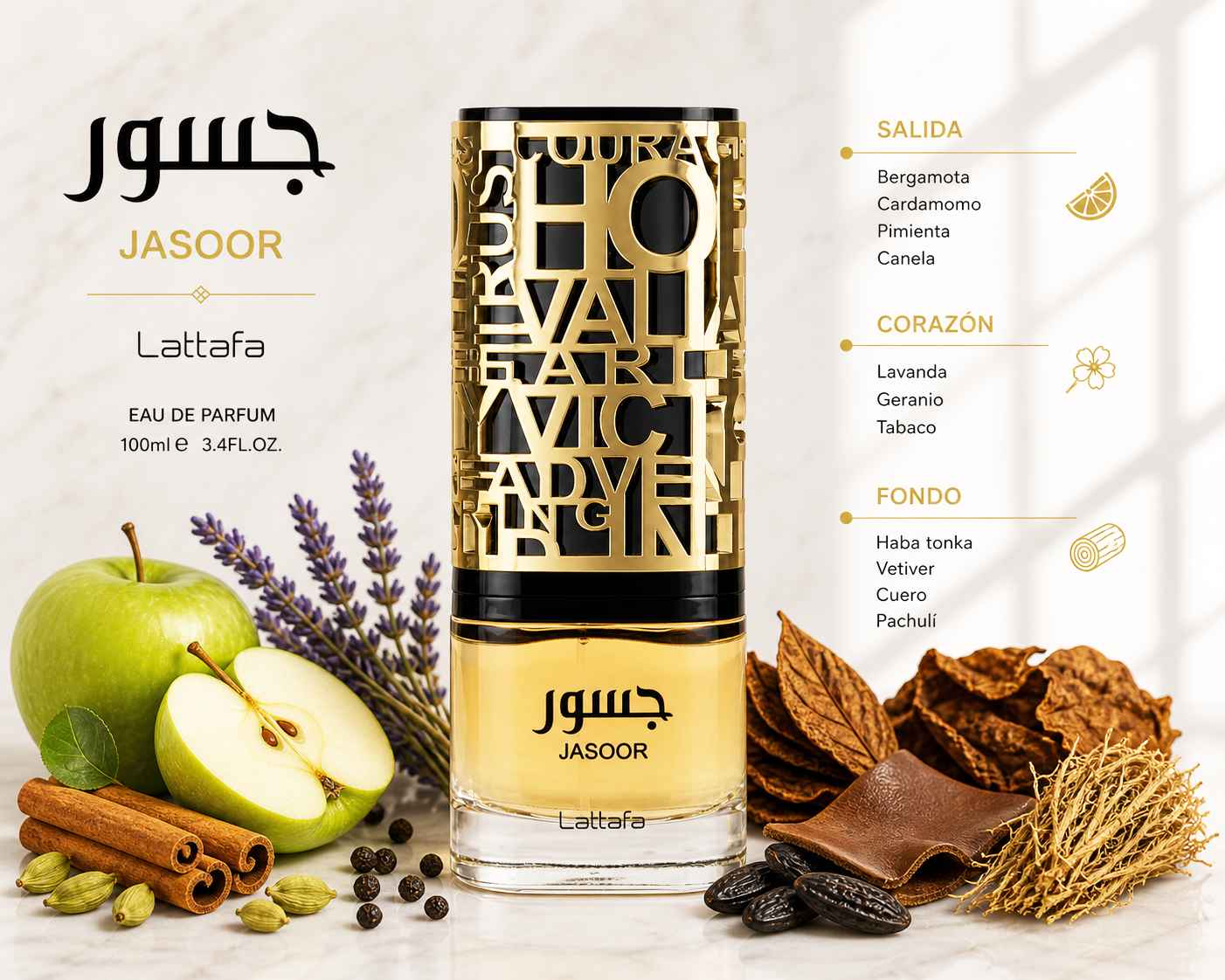Lattafa Jasoor composición creativa con tabaco especias y notas dulces en equilibrio visual