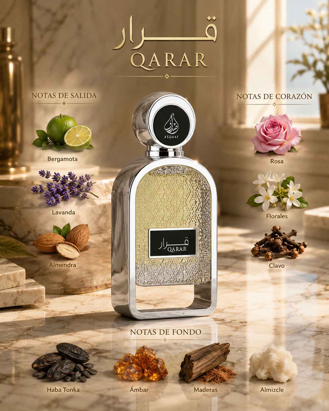 Lattafa Qarar composición con madera ámbar y toque almizclado elegante