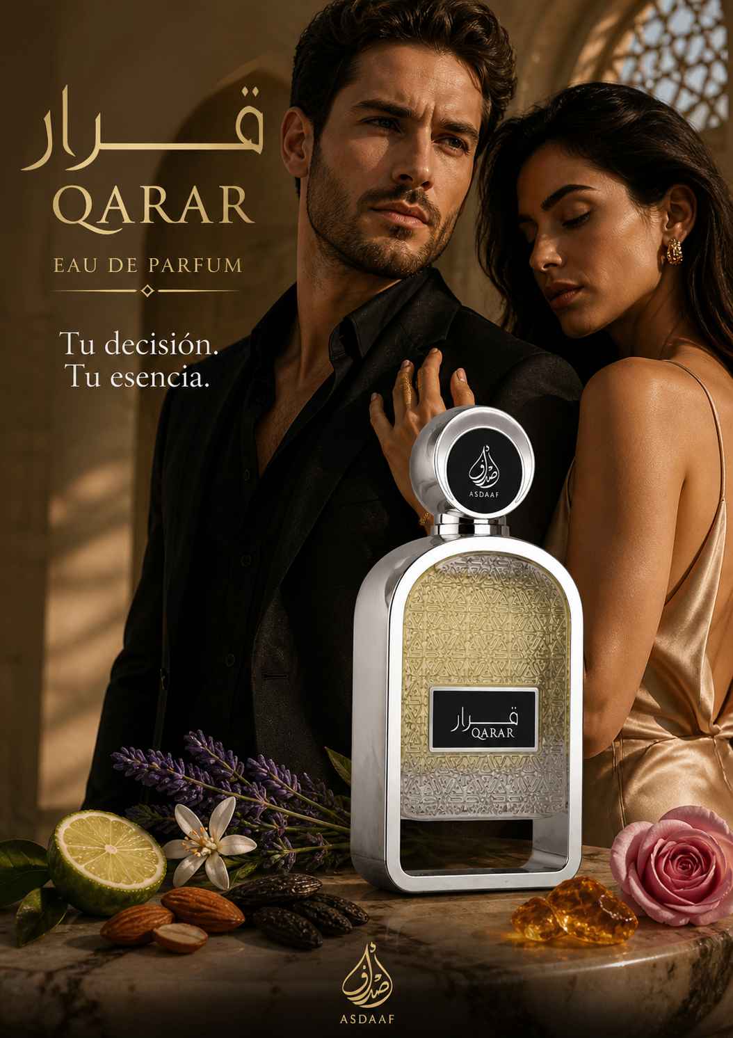 Lattafa Qarar campaña visual con estilo sobrio y moderno