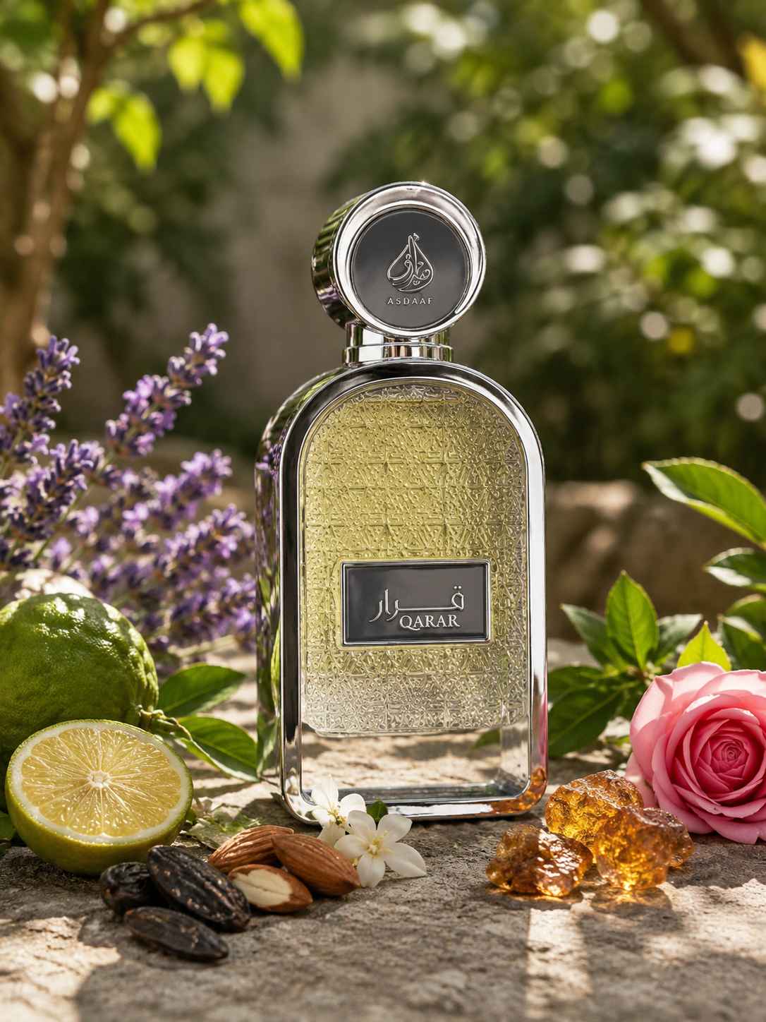 Lattafa Qarar escena con madera y ambiente oriental suave