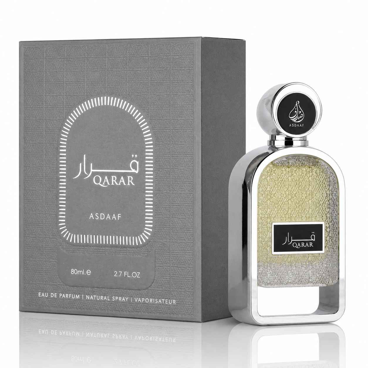 Lattafa Qarar presentación del perfume con estilo limpio y discreto