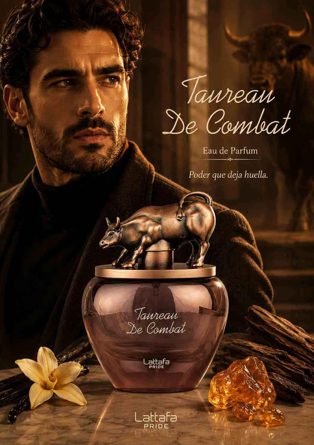 Lattafa Pride Taureau De Combat presentación del producto con aire premium intenso