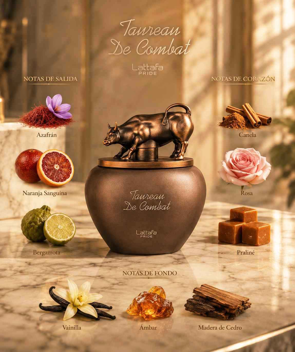 Lattafa Pride Taureau De Combat composición con estilo cálido, tabaco y vainilla