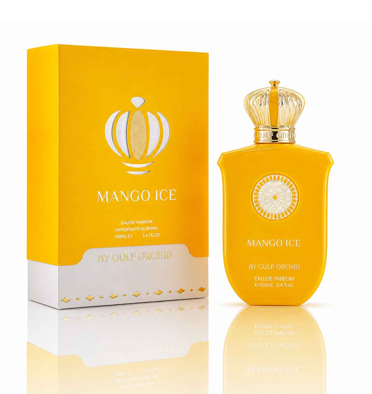 Gulf Orchid Mango Ice presentación del perfume con estilo limpio y luminoso