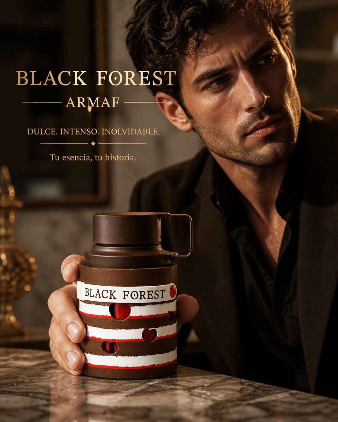 Armaf Black Forest campaña visual con modelo estilo nocturno sofisticado