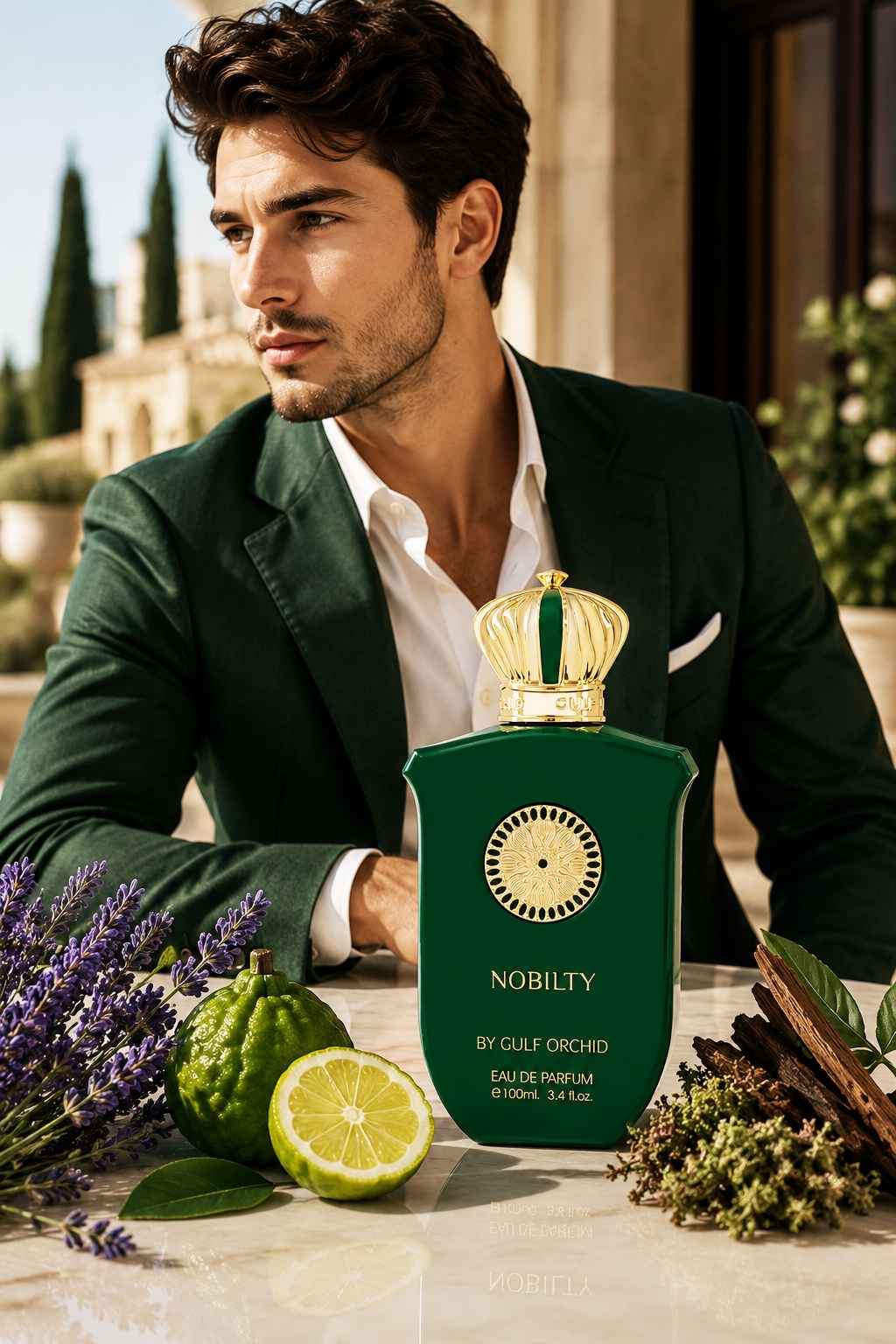 Gulf Orchid Nobility campaña visual con modelo elegante estilo oficina y perfume limpio