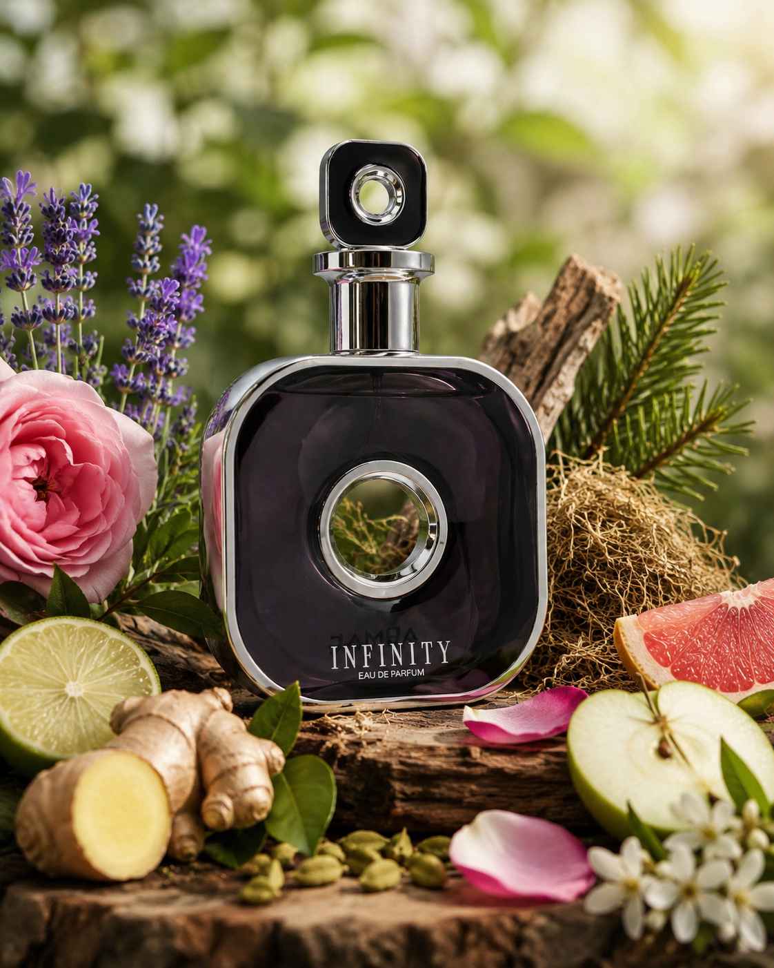 Perfume Armaf Infinity Silver elegante con rosa masculina y maderas