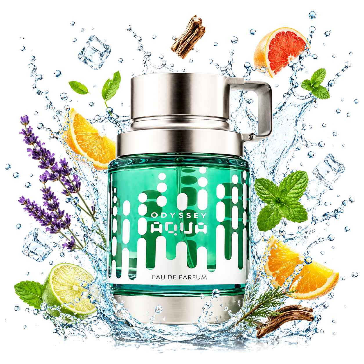 Armaf Odyssey Aqua Edition con fondo splash azul y notas frescas
