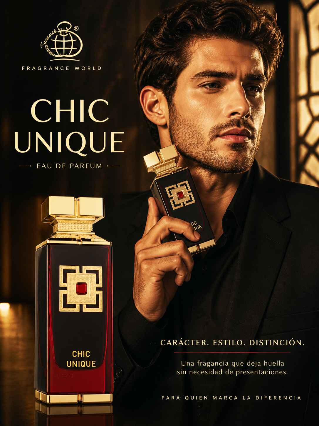 Fragrance World Chic Unique campaña con modelo en ambiente nocturno sobrio