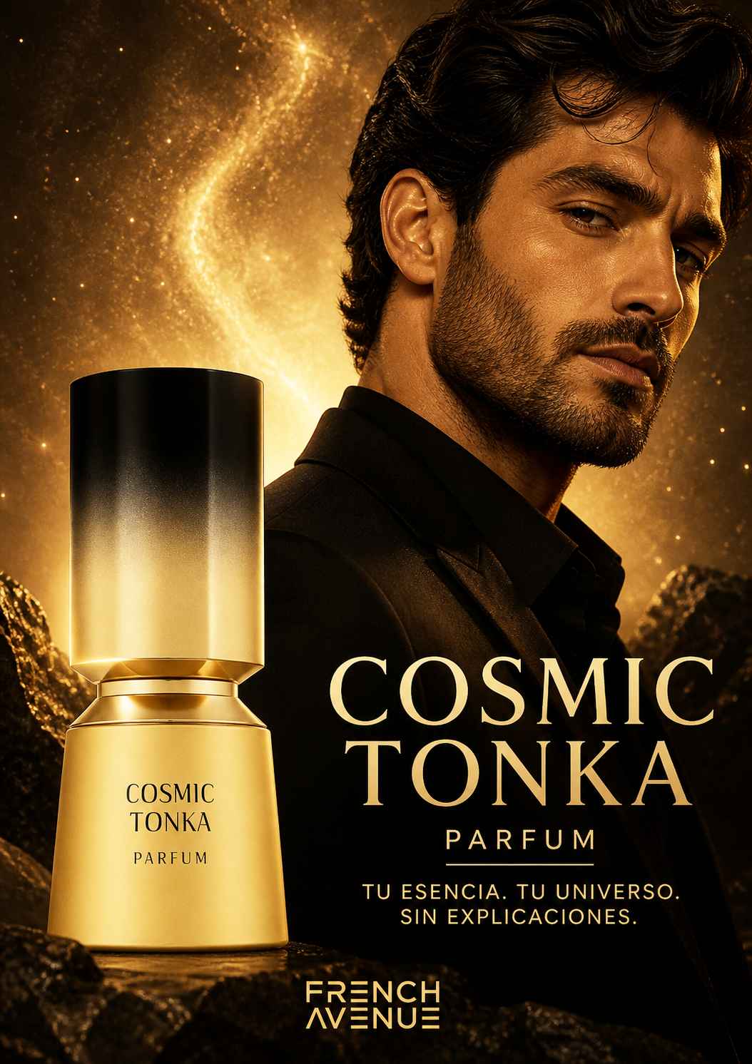 French Avenue Cosmic Tonka anuncio con modelo bien vestido en entorno nocturno elegante