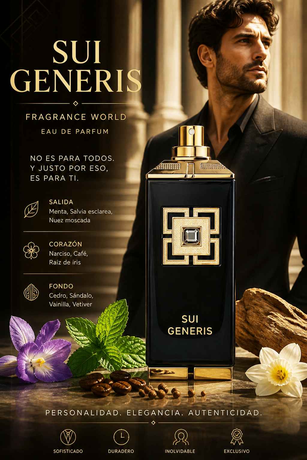 Fragrance World Sui Generis anuncio con modelo masculino elegante en entorno urbano cuidado