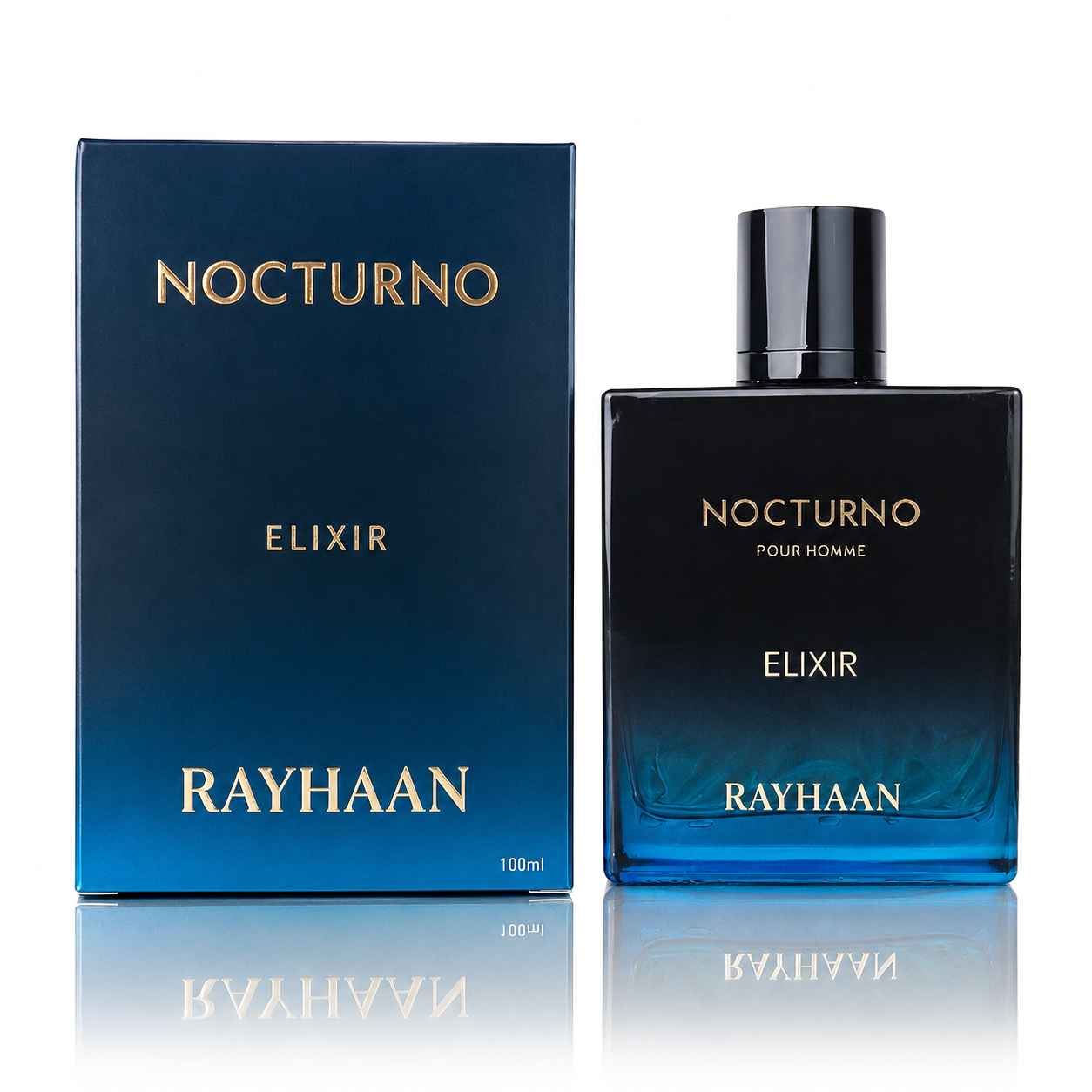 Rayhaan Nocturno Elixir perfume árabe con reflejo estudio fondo blanco elegante
