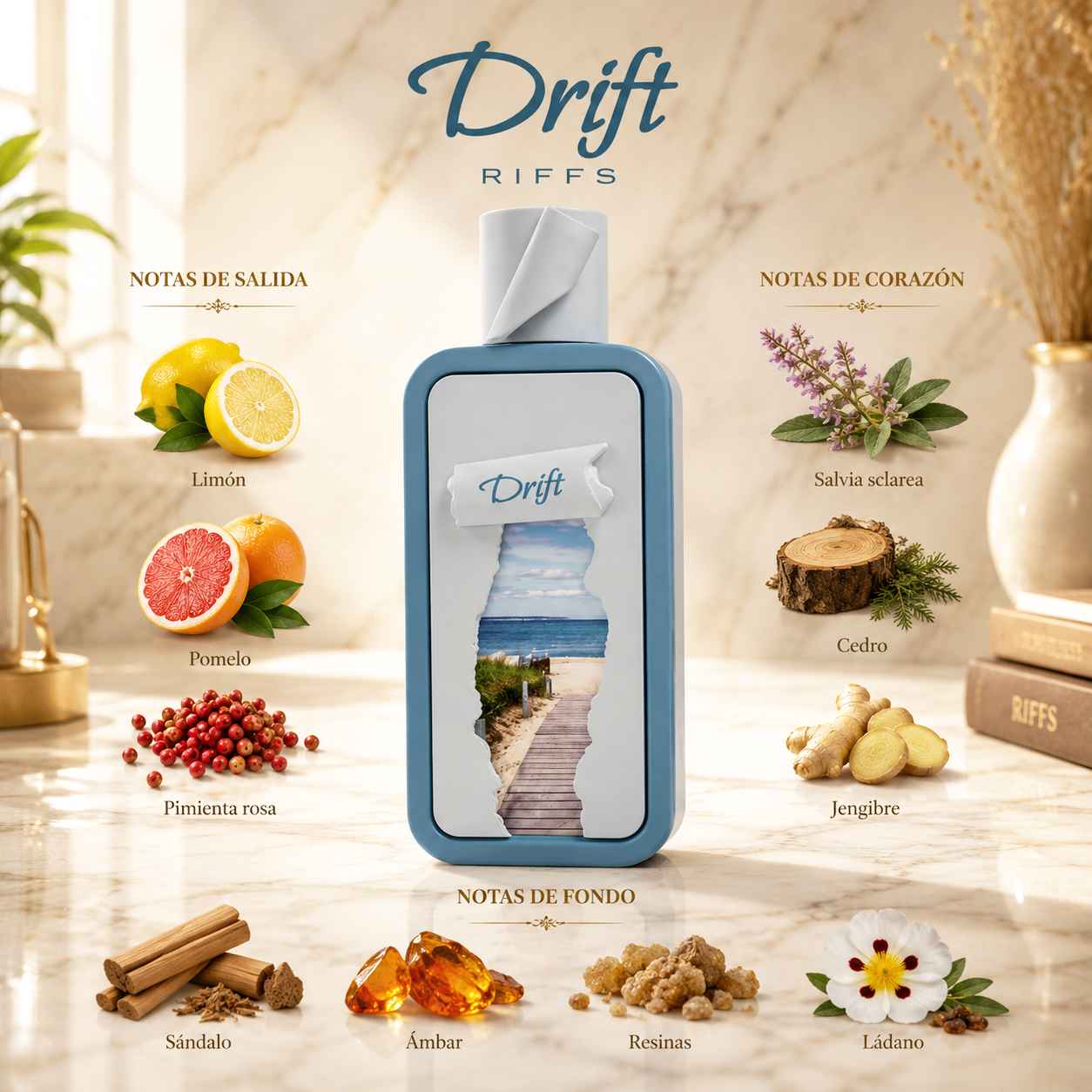 Riiffs Seasons Drift caja y frasco sobre fondo blanco tipo catálogo premium