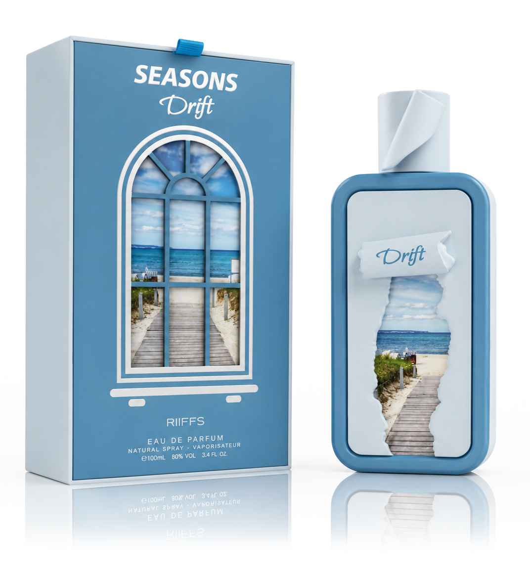 Riiffs Seasons Drift sostenido en mano mostrando tamaño real del frasco azul