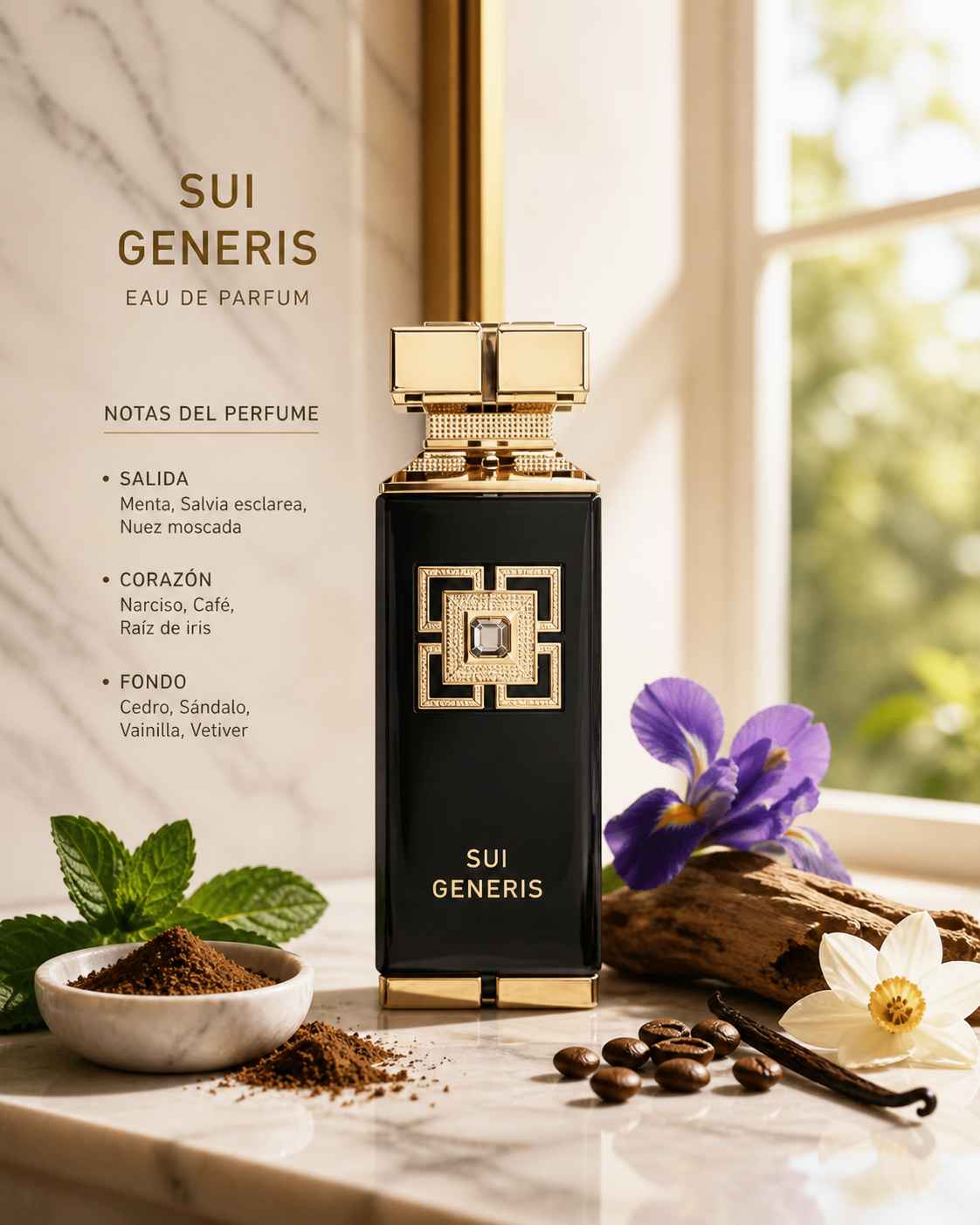 Fragrance World Sui Generis composición con notas aromáticas y maderas en equilibrio visual