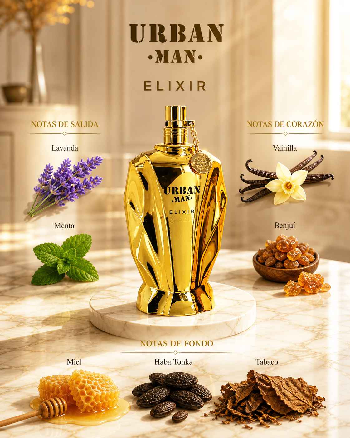 Fragrance World Urban Man Elixir textura miel dorada y notas cálidas