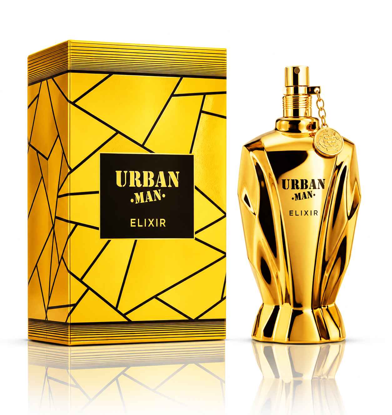 Fragrance World Urban Man Elixir detalle botella azul oscuro elegante masculino