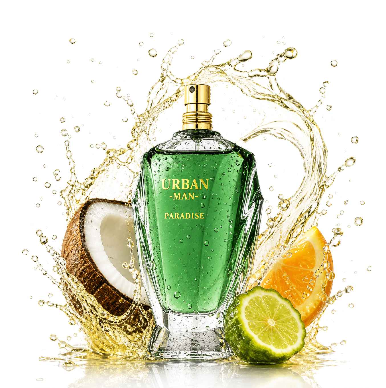 Fragrance World Urban Man Paradise frasco con splash tropical y sensacion fresca de verano ligero