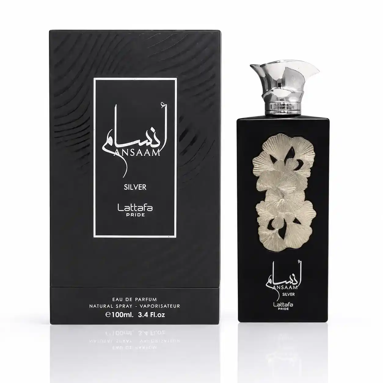 Lattafa Ansaam Silver con frasco plateado sobre fondo elegante oscuro