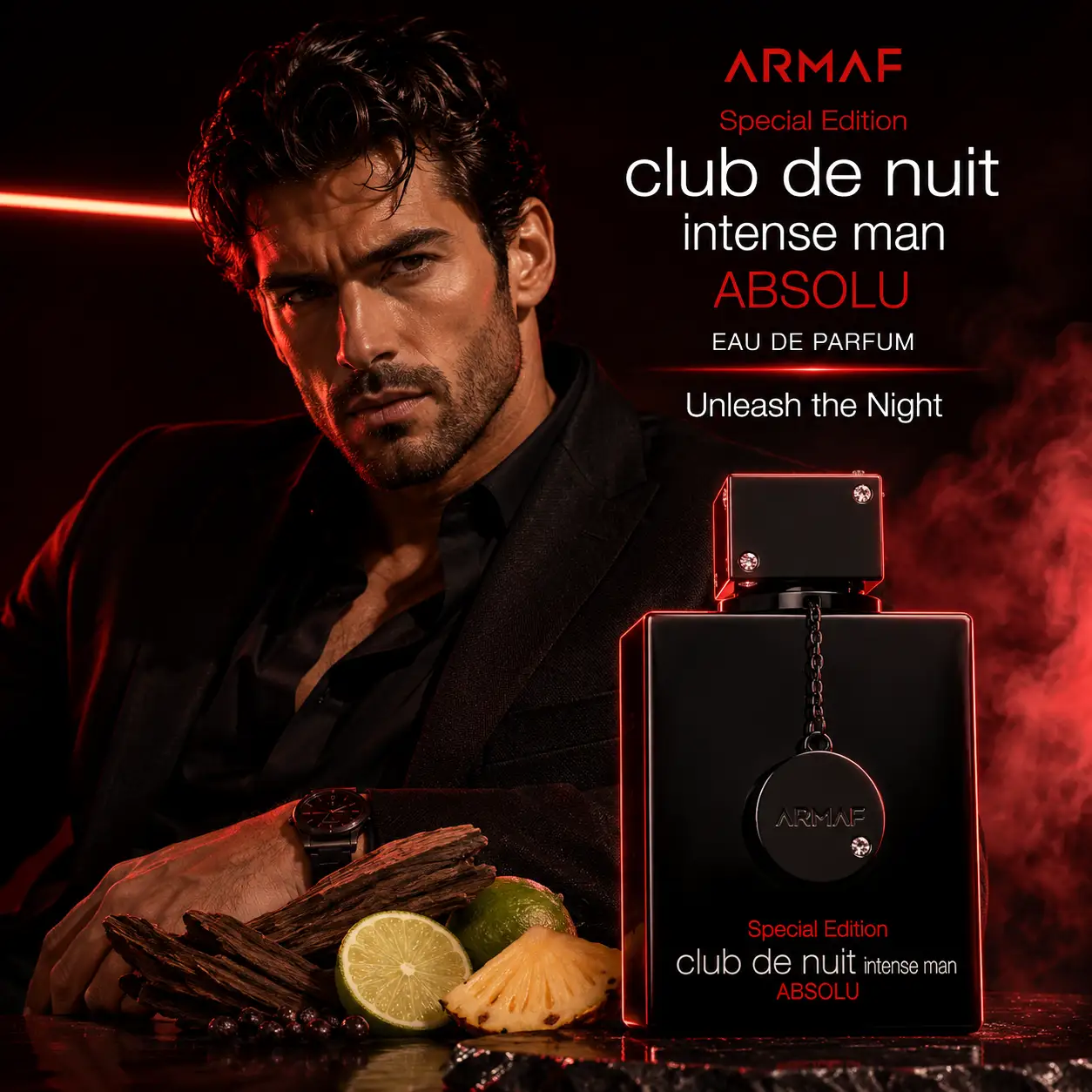 Frasco Club de Nuit Intense Man Absolu Armaf sobre fondo oscuro