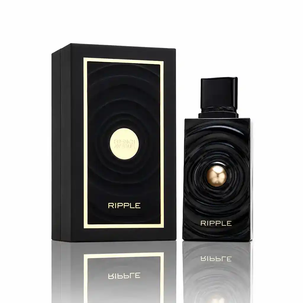 French Avenue Ripple Eau de Parfum junto a su caja original con reflejo sobre superficie de cristal
