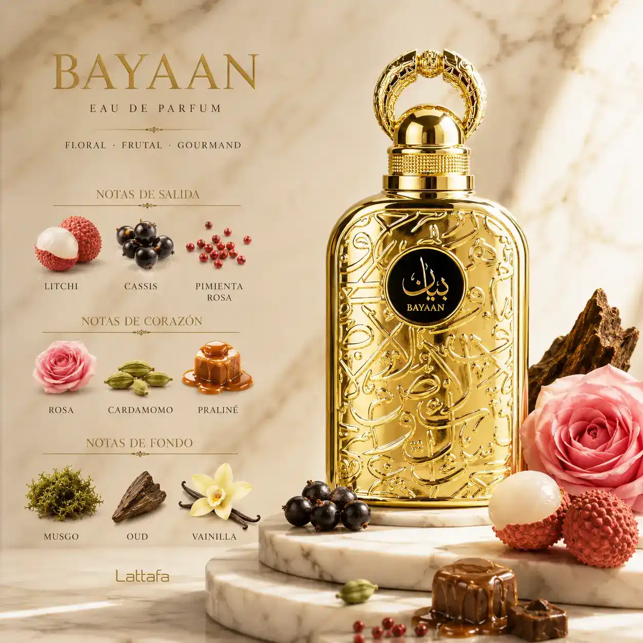 Lattafa Bayaan perfume femenino con vainilla y oud