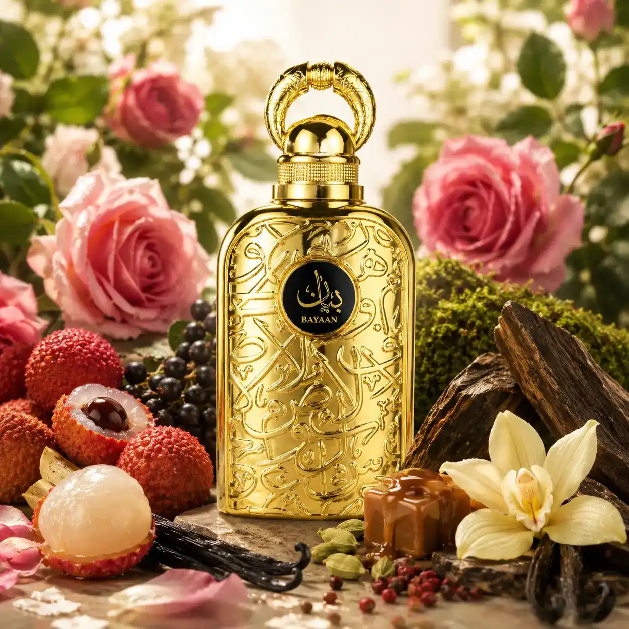 Perfume Lattafa Bayaan con notas de rosa y litchi