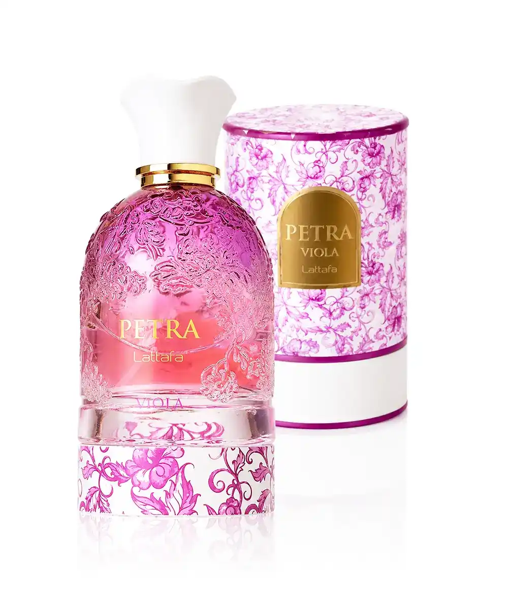 Perfume Lattafa Petra Viola 100 ml sobre fondo blanco con reflejo profesional