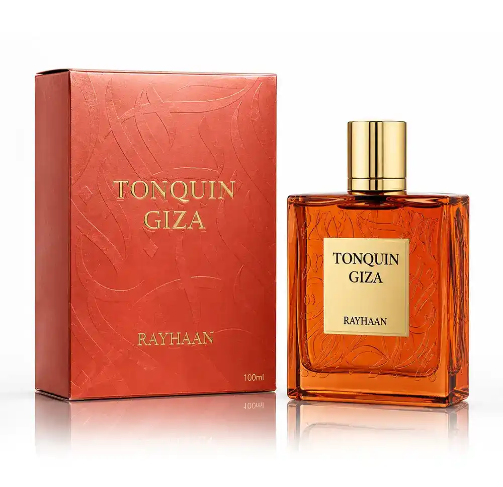 Rayhaan Tonquin Giza Eau de Parfum sobre fondo blanco con iluminación de estudio