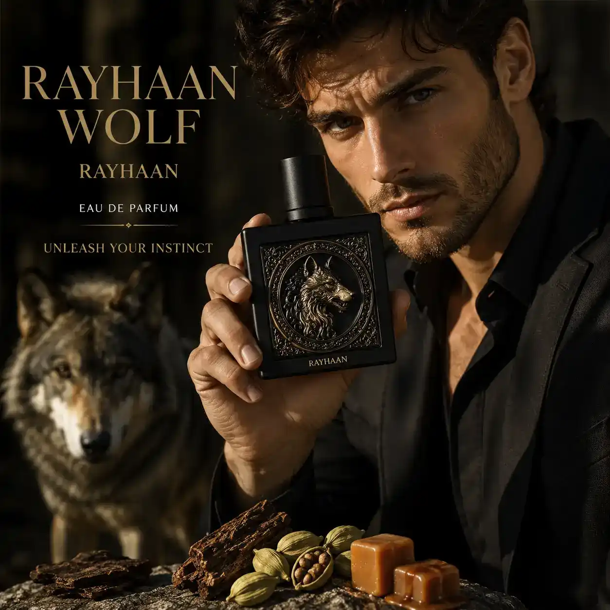 Botella Rayhaan Wolf destacando diseño masculino y acabados elegantes