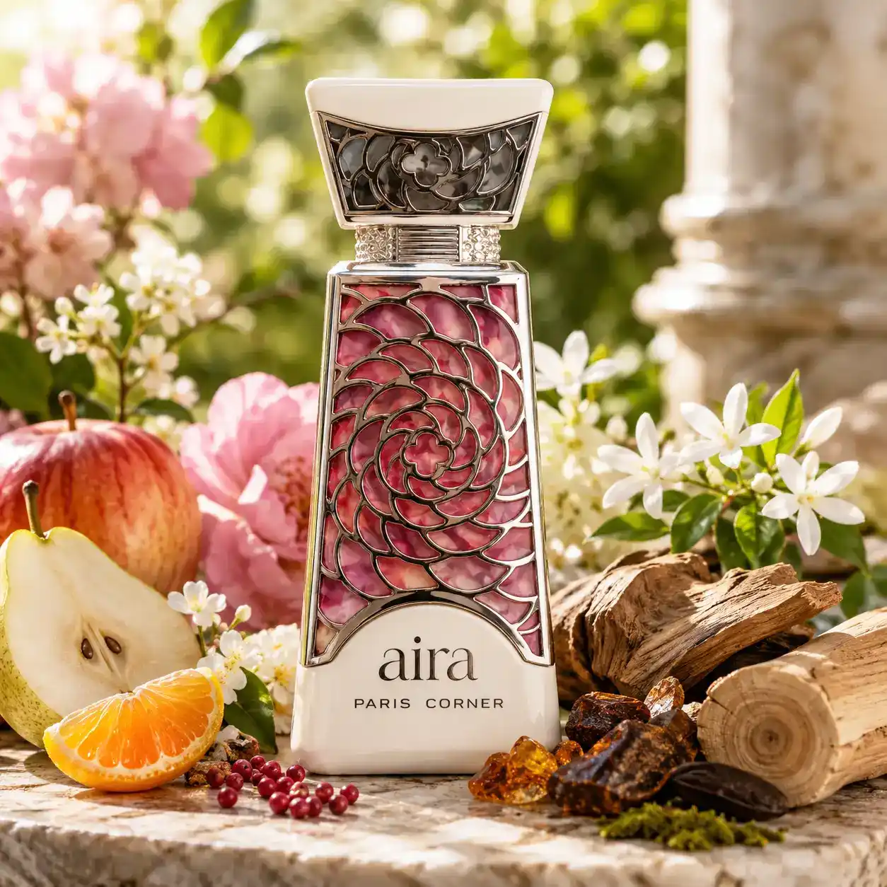 Aira Paris Corner rodeado de ingredientes naturales en fotografía premium.