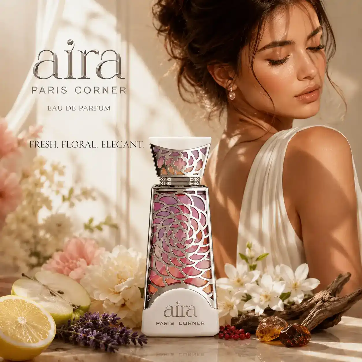 Detalle del diseño artístico del frasco Aira Paris Corner Eau de Parfum.