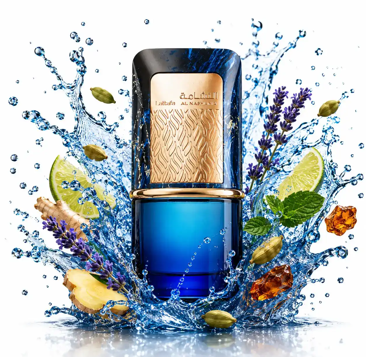 Splash azul alrededor del frasco Al Nashama Caprice Lattafa