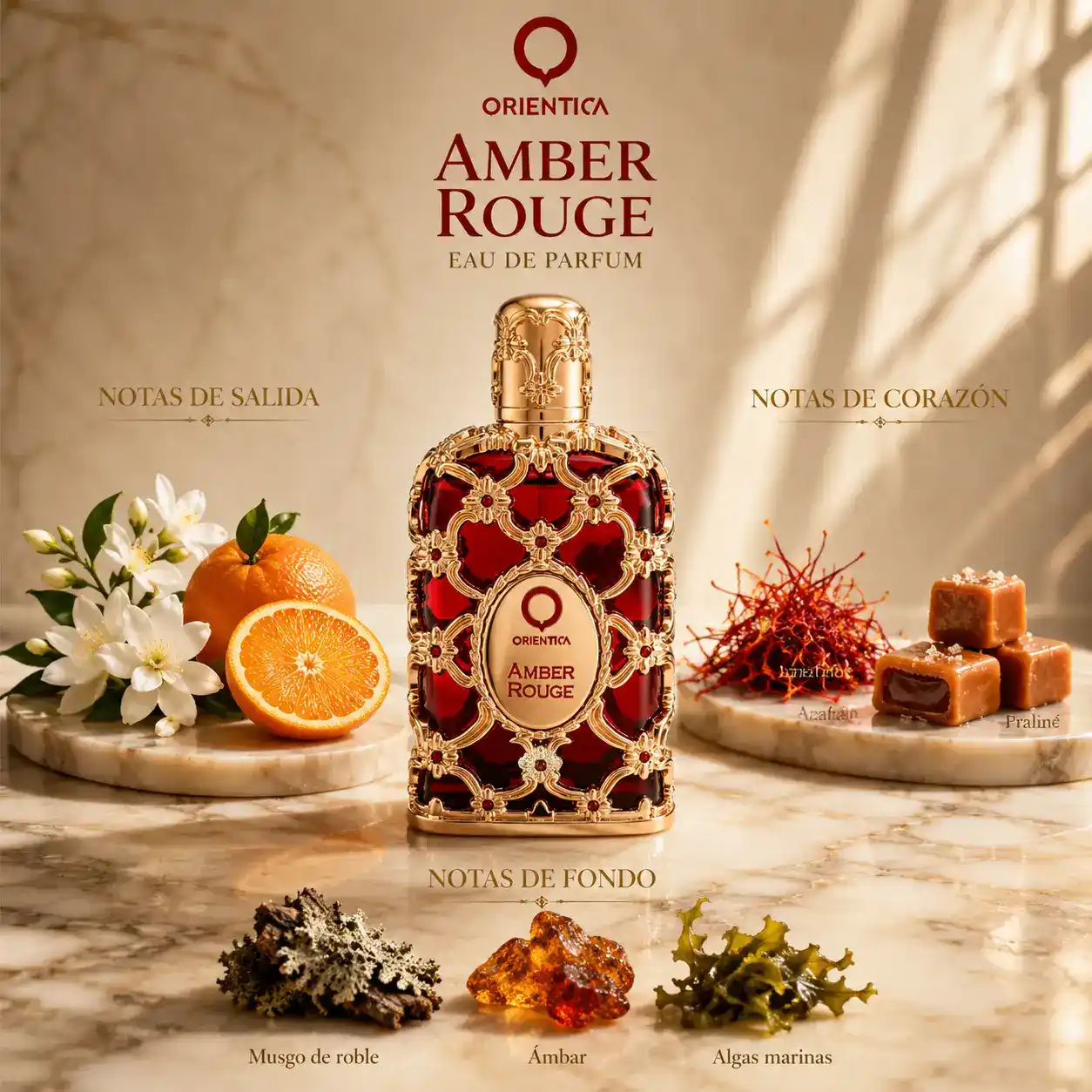 Frasco de Orientica Amber Rouge sobre fondo blanco con acabado premium