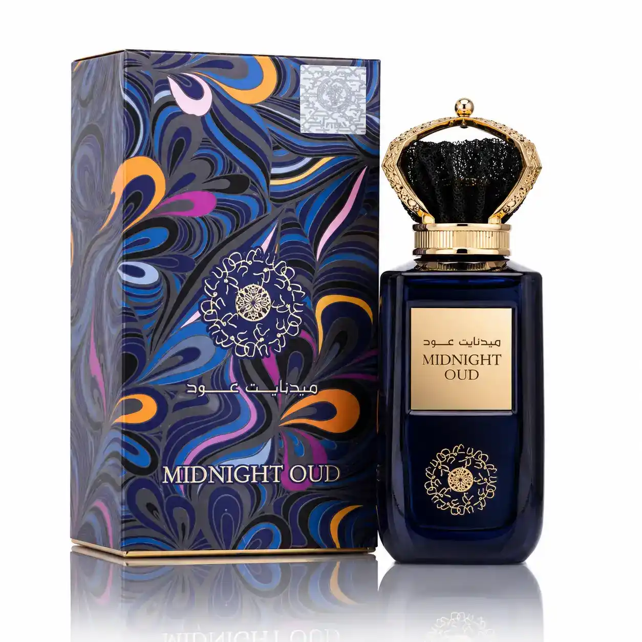 Frasco de Midnight Oud Ard Al Zaafaran sobre fondo blanco
