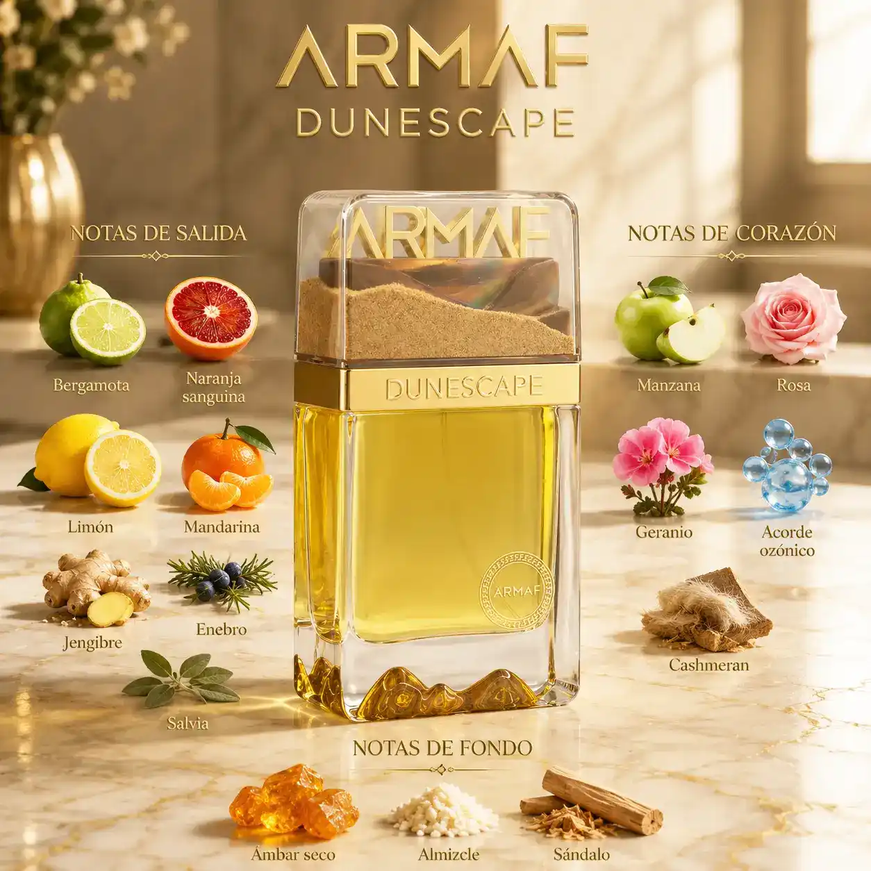 Armaf Dunescape rodeado de cítricos frescos y hojas de salvia