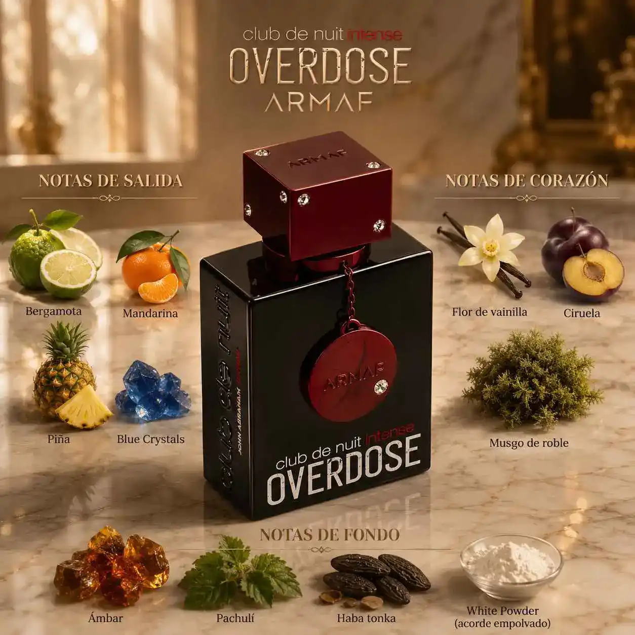 Club de Nuit Intense Overdose Armaf con efecto splash inspirado en sus notas cítricas y ambaradas