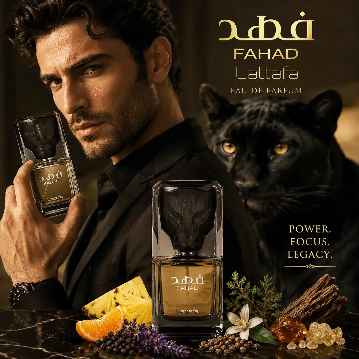 Lattafa Fahad con splash de piña, mandarina y pimienta negra en movimiento