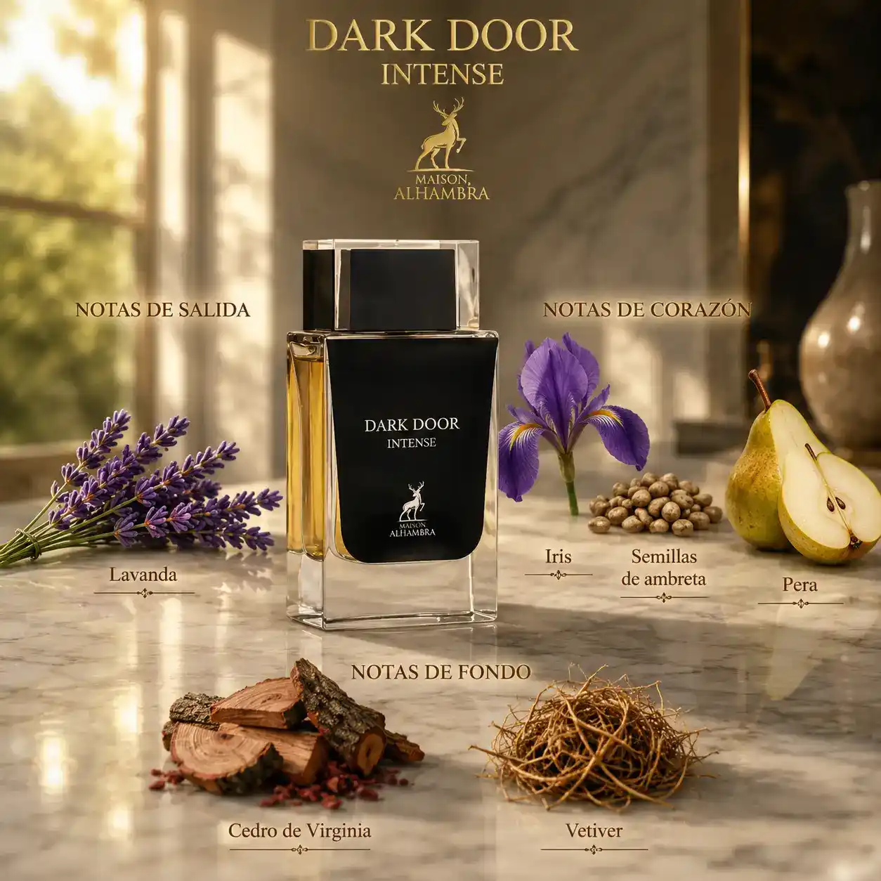 Dark Door Intense Maison Alhambra con reflejo limpio en estudio