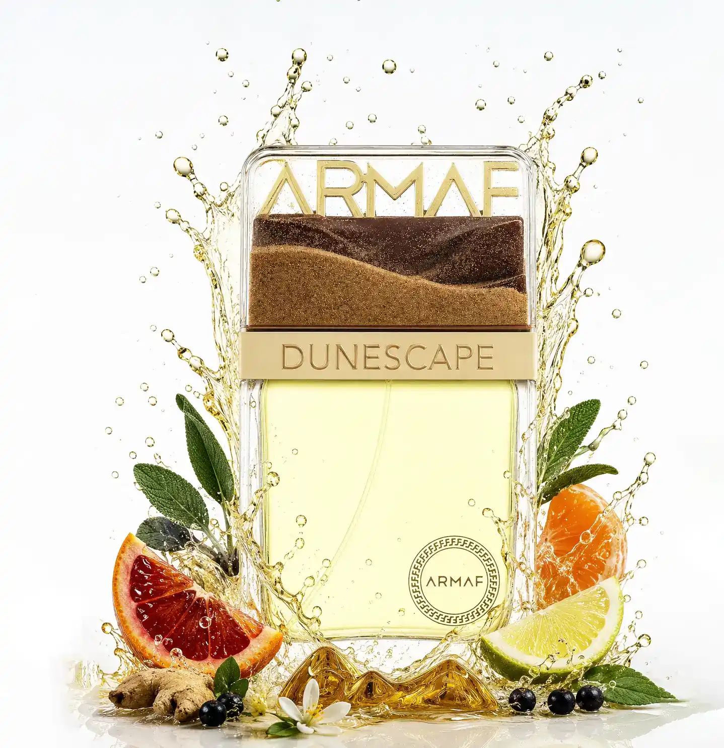 Composición natural de Armaf Dunescape con manzana, limón y enebro