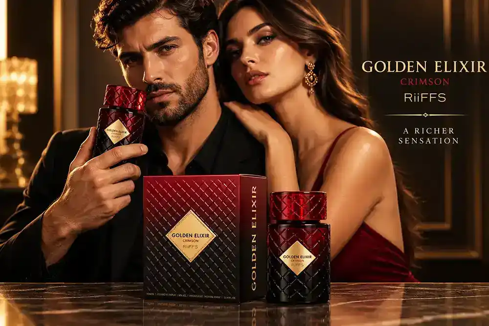 Frasco Riiffs Golden Elixir Crimson rodeado por un splash ámbar dinámico