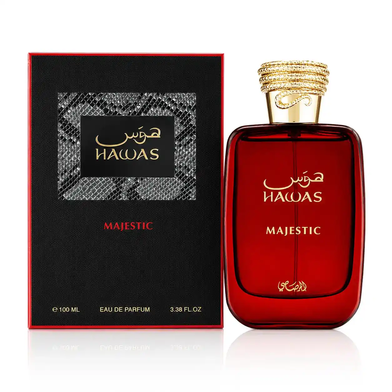 Frasco Rasasi Hawas Majestic EDP 100 ml acompañado de una composición elegante y minimalista.