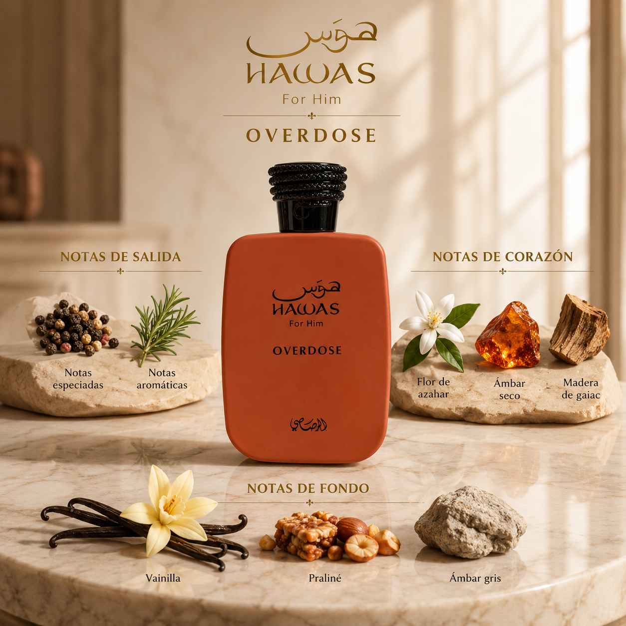 Rasasi Hawas Overdose EDP 100 ml con reflejo sobre mármol
