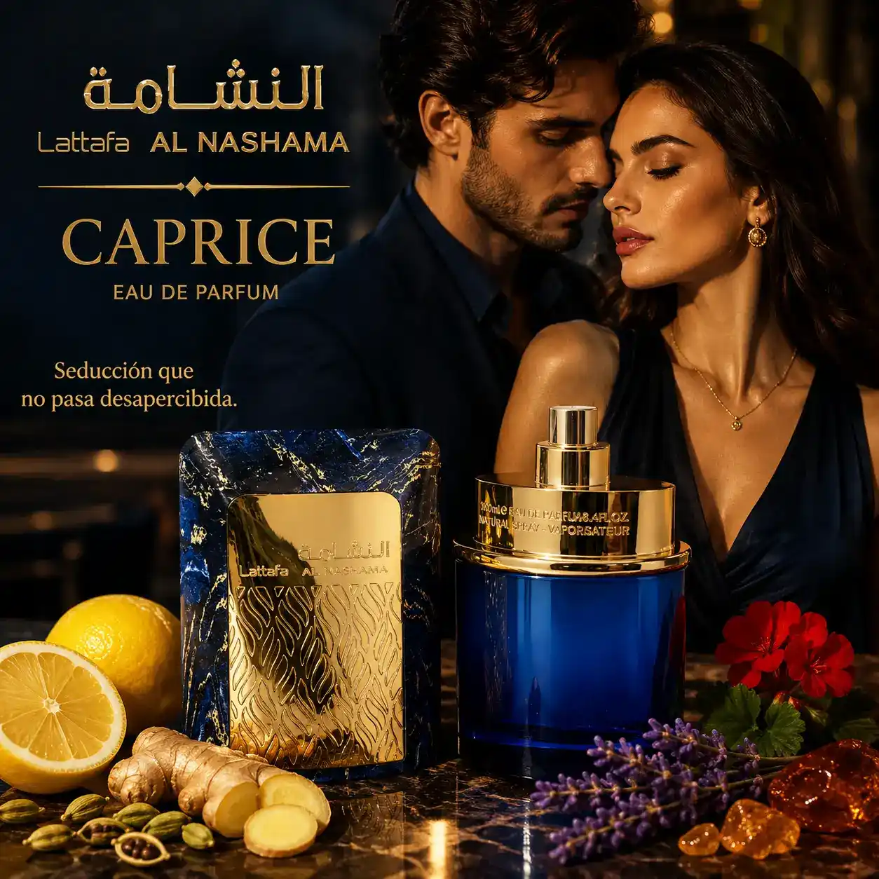 Pareja elegante junto a Al Nashama Caprice Lattafa en ambiente nocturno